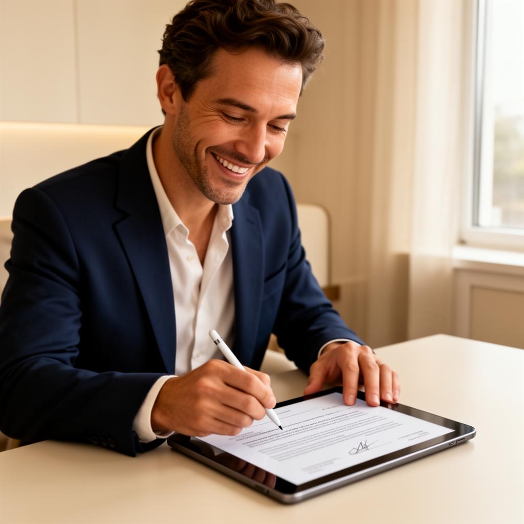 Realtor signing a contract on a tablet